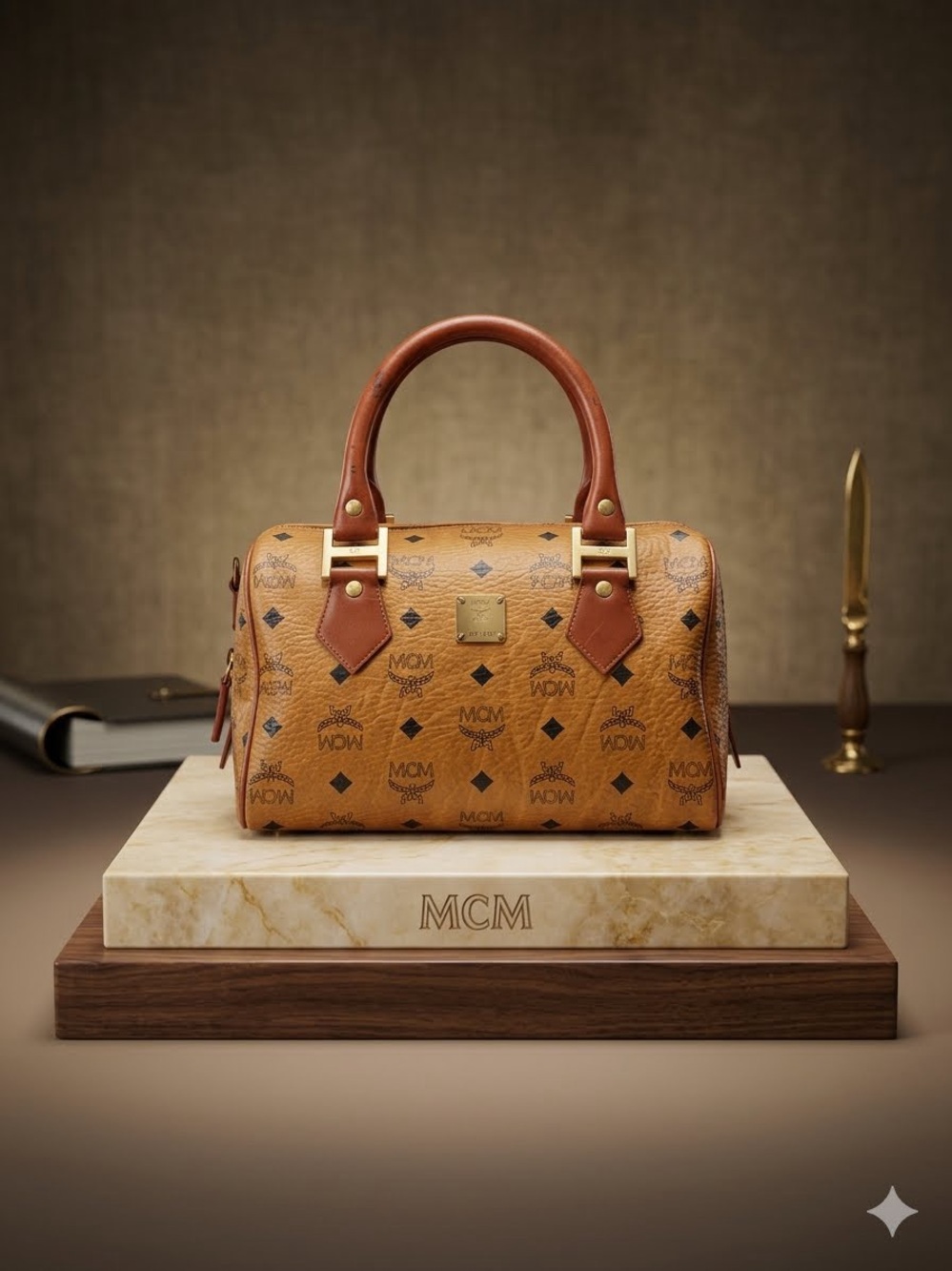 MCM Cognac Visetos Barrel Bag with Brown Leather Handles